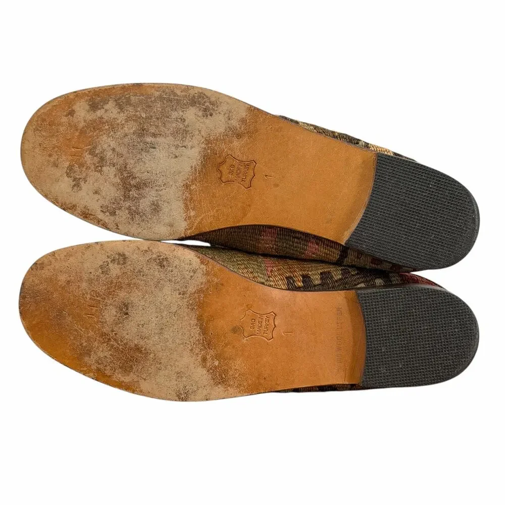 Mules Kilim Smoking Shoes Mule Women SZ 11 Tapestry Leather Wool Textile Brown